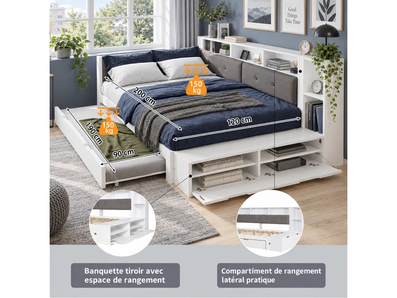  Lit banquette gigogne 120x200 cm,avec tête de lit rembourrée, rangement et prise usb,sommier à lattes,blanc  - Conforama D