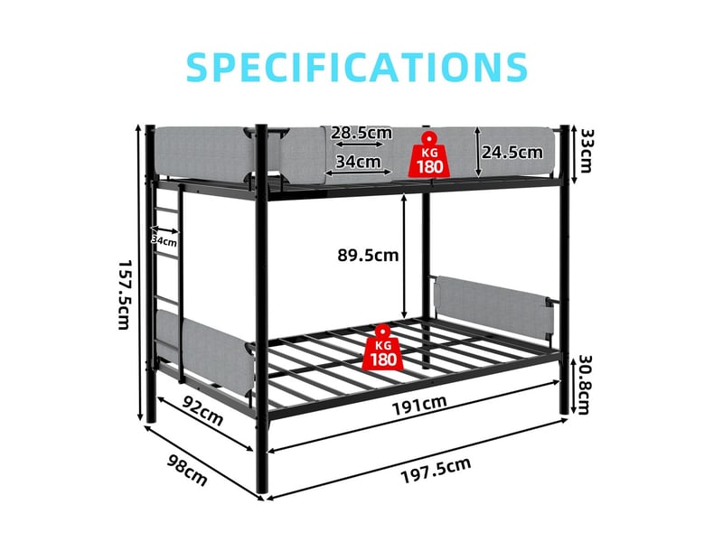  Lit superposé métallique noir 90x190 cm avec garde-corps en tissu compact  - Conforama C