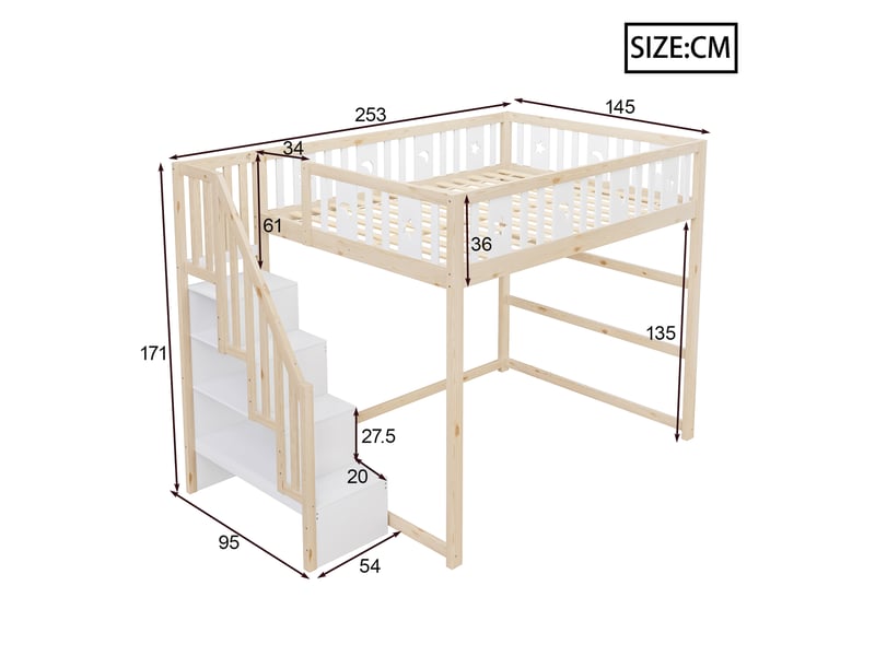  Lit superposé 140*200 cm, coloris bois naturel et blanc, échelle sûre, barrière et motifs.  - Conforama B