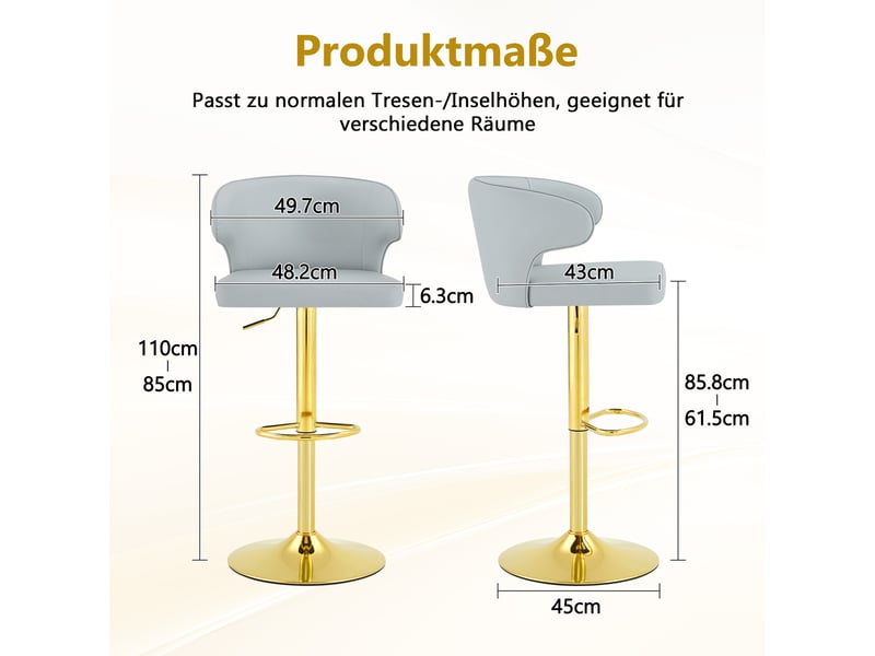  Lot de 2 tabourets de bar réglables,49,7x45x110 cm,pivotants,pu,gris clair  - Conforama C