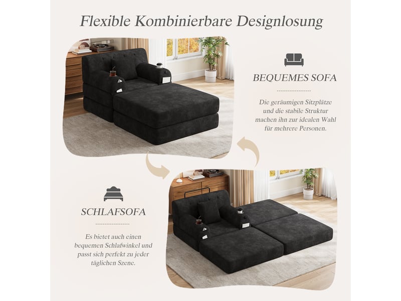  Fauteuil-lit convertible 1 place - fonction couchage - velours côtelé noir - dossier haut - mousse haute densité 107x162x81cm - Conforama C