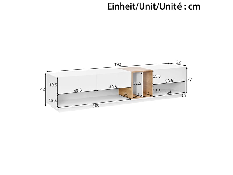  Meuble tv blanc en panneaux de particules, 190 x 38 x 42 cm, éclairage led  - Conforama E