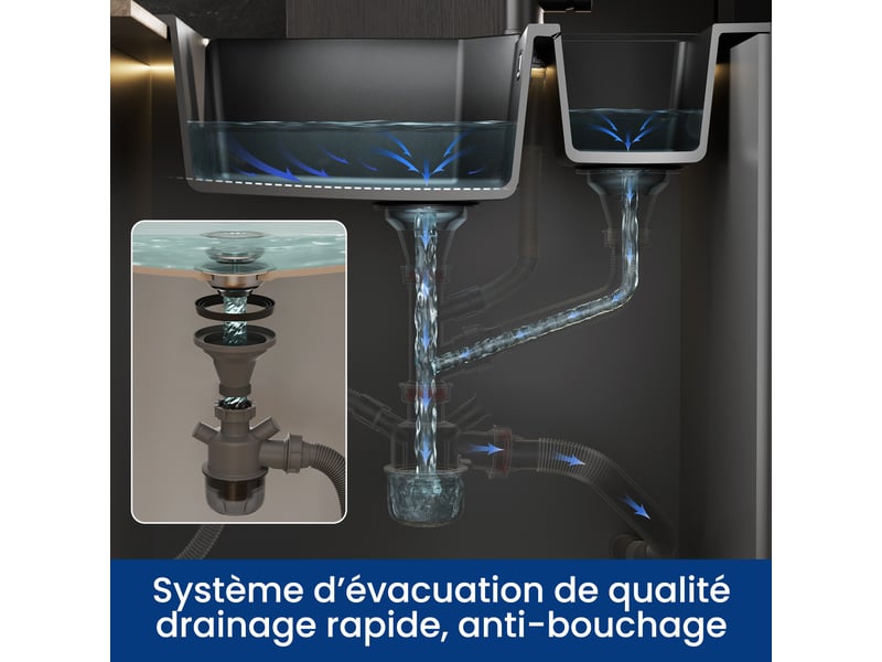 Cecipa max évier de cuisine 86x45cm - évier en granit 1,5 bac - bac principal et bac secondaire - avec panier égouttoir et système d’évacuation - noir - Conforama E