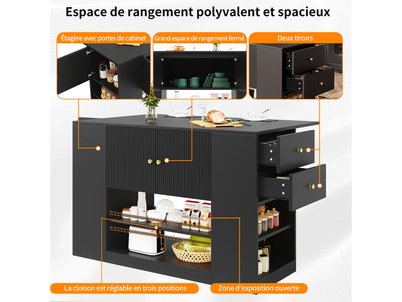 Îlot de cuisine 140x40x90 cm avec plateau rabattable pour coin repas, rangement avec tiroirs et tablettes, mdf, noir - Conforama D