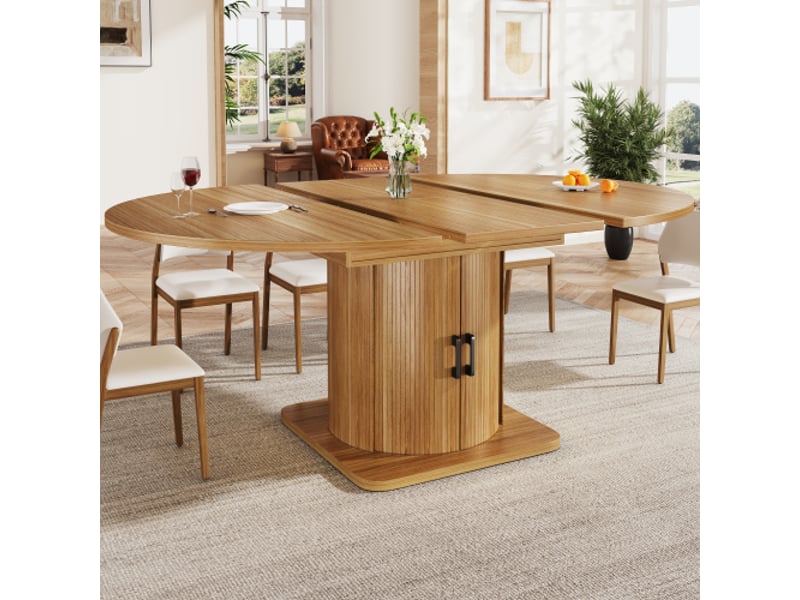  Table à manger extensible - ronde qui s’agrandit en oval, 118-158 cm, 6 places, tiroirs, bois brun foncé  - Conforama D