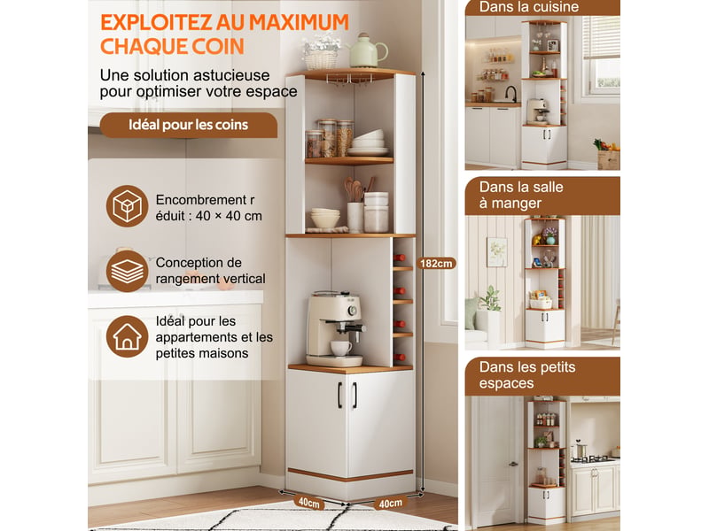  Armoire d'angle 40x40x182 cm avec range-bouteilles et porte-verres blanc  - Conforama E
