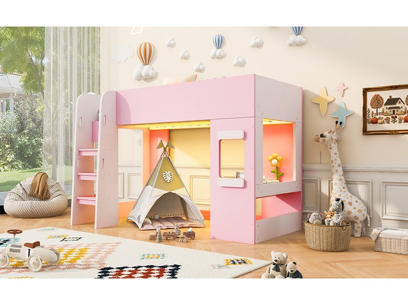  Lit mezzanine 90 × 200 cm, bureau, led, échelle large avec mains courantes, barrières hautes, mdf, rose et blanc  - Conforama B