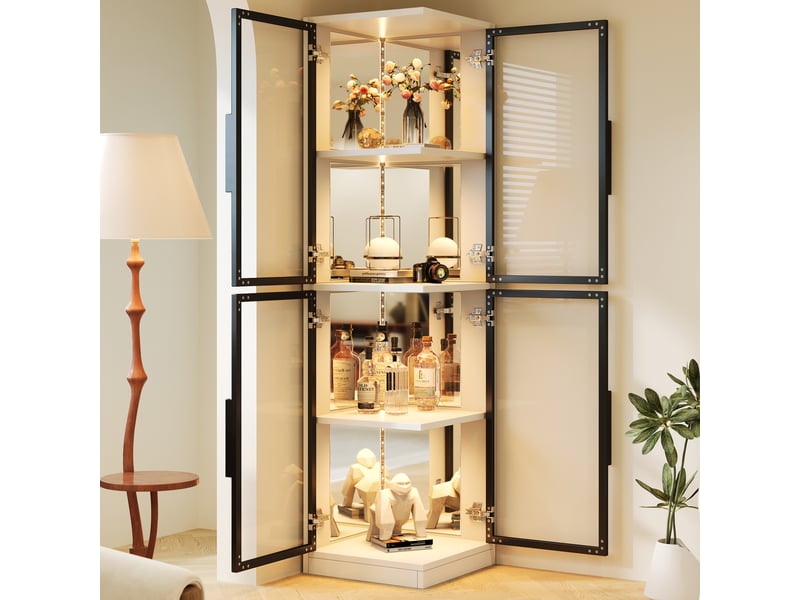 Vitrine d’angle 44x42x164 cm avec verre trempé double face, fond miroir, led multicolore via appli, meuble blanc pour collections et salon - Conforama C