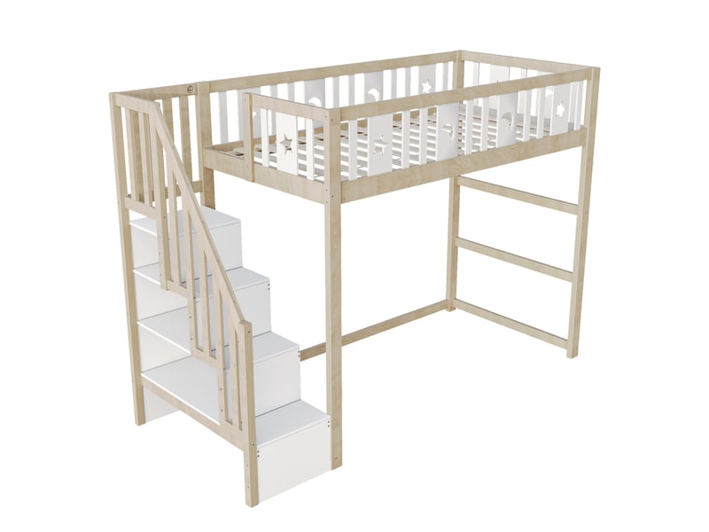  Lit mezzanine enfant 90x200 cm avec escalier de rangement, détails étoile et lune, structure bois massif, blanc et bois naturel  - Conforama D