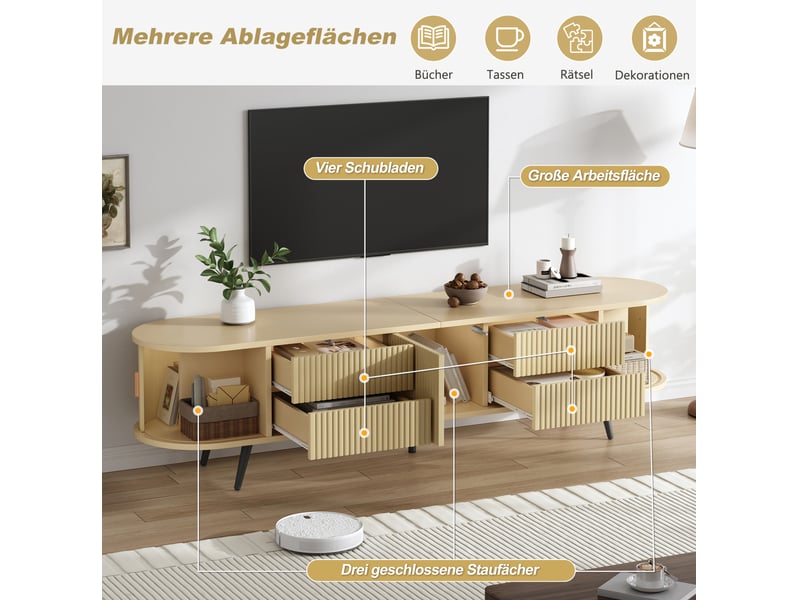  Meuble tv ovale avec 4 tiroirs, porte à rideau et rangement, en mdf naturel à poser au sol pour salon 180 × 40 × 45 cm  - Conforama E