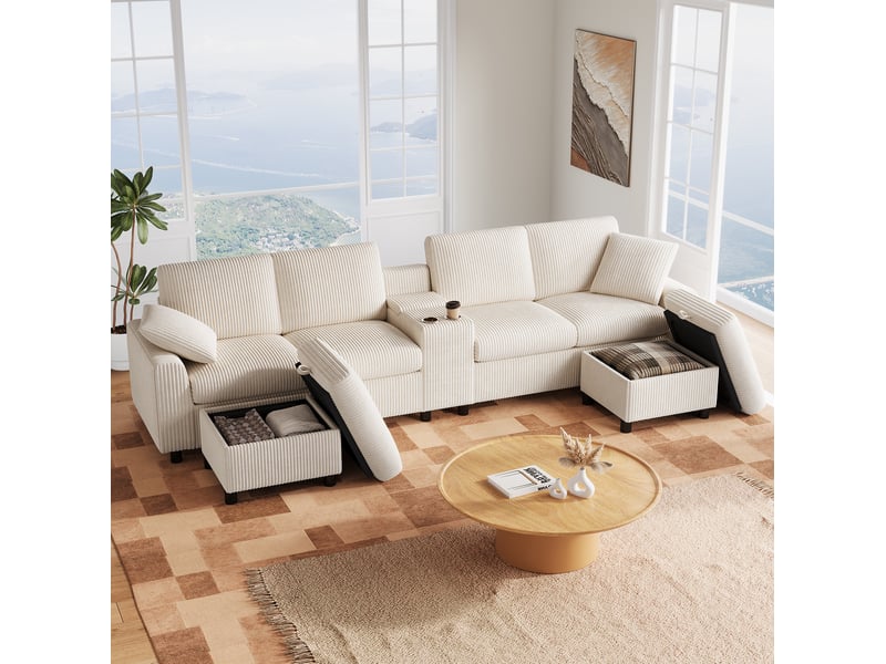Canapé panoramique en u 4 places en velours côtelé beige avec 2 poufs de rangement - Conforama B