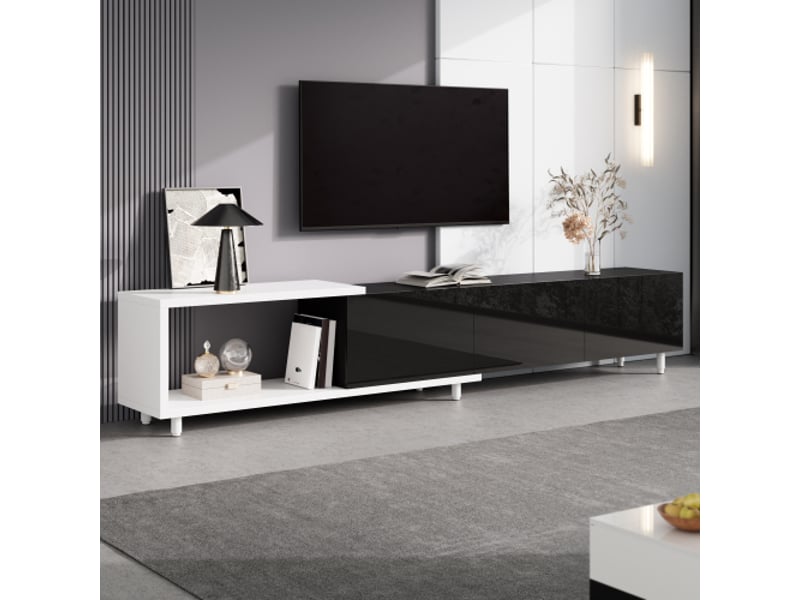  Meuble tv extensible à 3 portes laqué brillant - pieds métal, charnières silencieuses, design moderne  - Conforama B