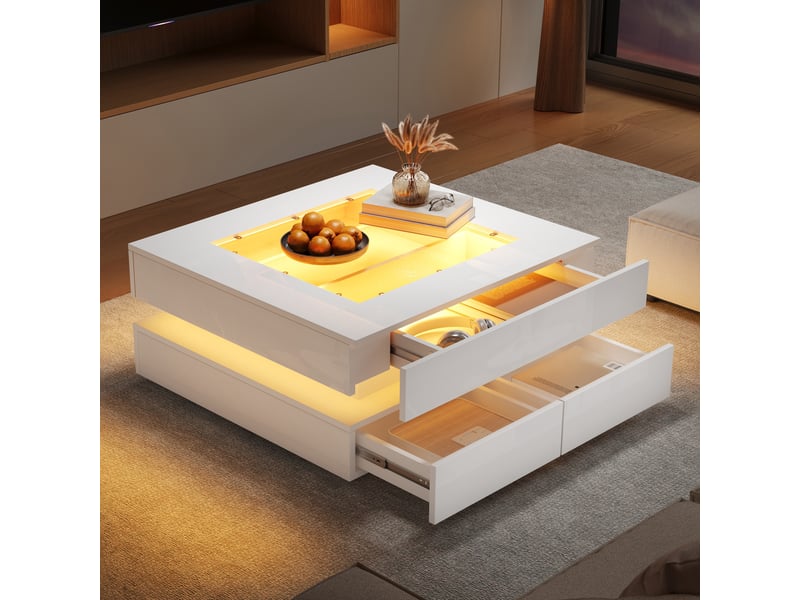  Table basse carrée blanche 70x70 cm, table de salon avec led contrôlable par application, plateau en verre trempé, 3 tiroirs  - Conforama D