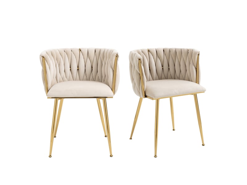  Lot de 2 chaises de salle à manger 55.5x50x74cm – design tissé à la main avec pieds en métal doré – velours - blanc ivoire  - Conforama A