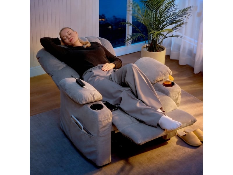  Fauteuil relax electrique avec fonction repose-pieds, télécommande, porte-boissons, 2 positions mémoire pour salon, gris  - Conforama D