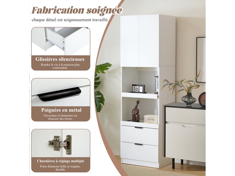  Armoire de cuisine contemporaine multi-rangement 2 portes 2 grand tiroirs et 2 niches blanc  - Conforama E