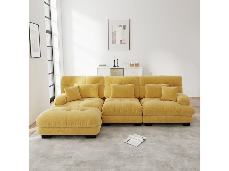  Canapé nuage d'angle modulable 3 places 313x145x81 cm avec pouf mobile, assise profonde, accoudoirs arrondis, chenille jaune Radiant Stride - Conforama D
