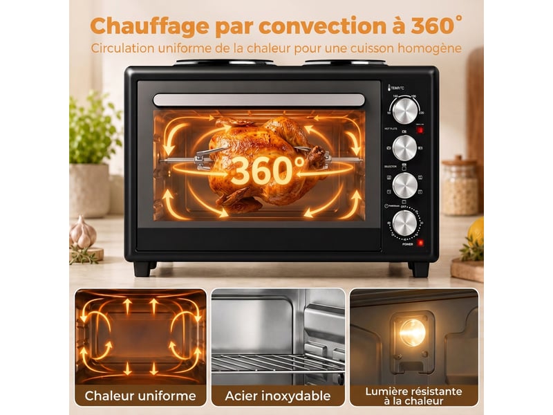  Mini four électrique 46 litres avec 2 plaques, convection et tournebroche, noir  - Conforama E