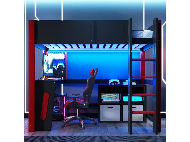  Lit mezzanine 90x200 cm en pin et mdf noir avec bureau, panneau perforé et led  - Conforama D