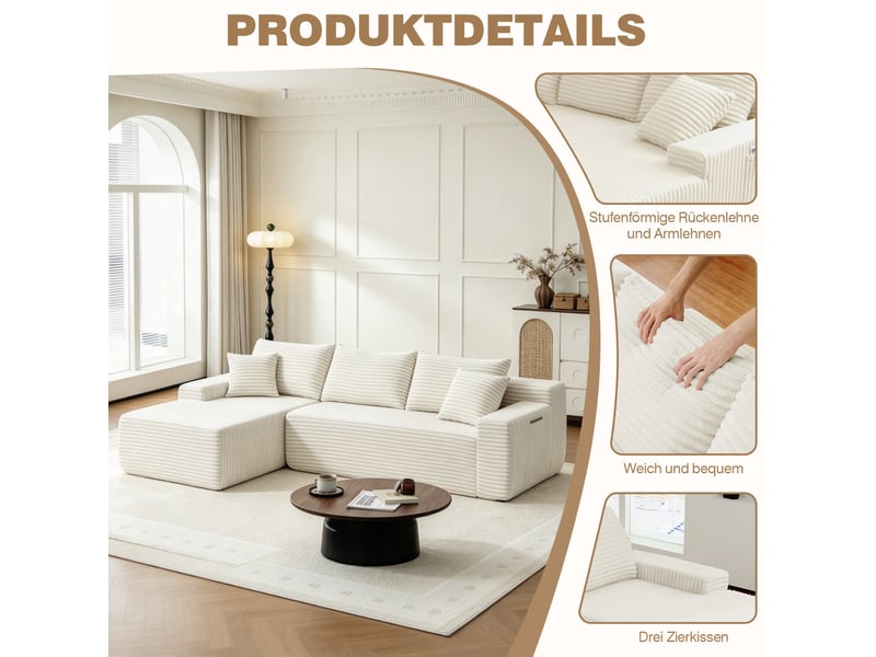  Canapé d'angle modulable gauche compressé 4 places, pour salon, meuble de salon, en mousse et velours côtelé, beige  - Conforama E