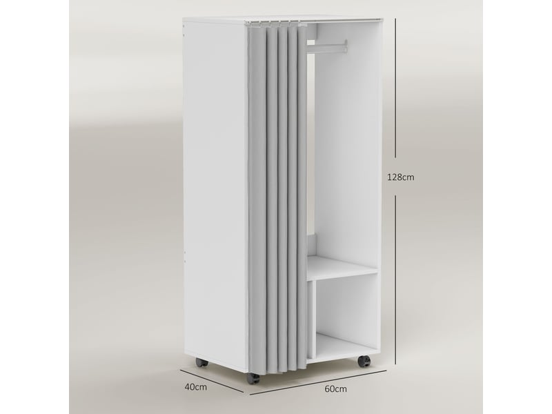  Armoire penderie armoire de rangement mobile avec rideau, 60 x 40 x 128 cm, tringle de suspension, blanc  - Conforama C