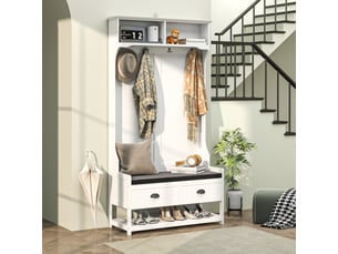 Vestiaire d'entrée avec banc à chaussures en mdf et métal blanc et gris 89x42x172 cm