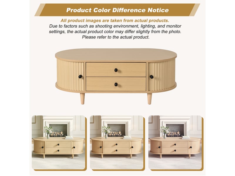  Table basse avec 2 tiroirs et portes à rideau pour salon en mdf 100×50×36 cm bois naturel  - Conforama C
