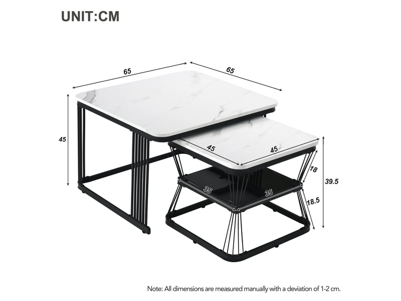  Set de 2 tables basses gigognes mdf effet marbre blanc et acier noir  - Conforama C