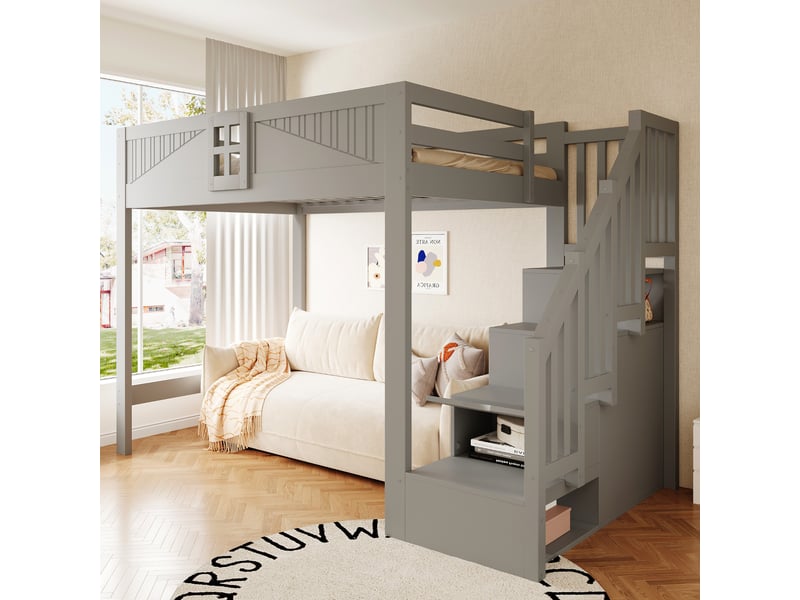 Lit mezzanine 140 × 200 cm 2 places avec escalier de rangement et barrières, sans matelas, en bois, gris - Conforama C