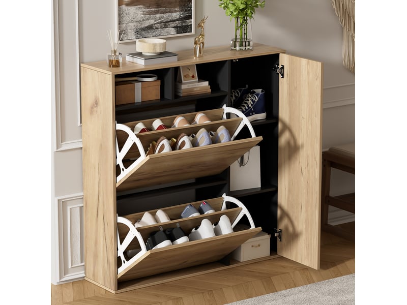  Meuble à chaussures 90x24x94 cm avec 2 abattants et 1 porte noir et naturel  - Conforama B