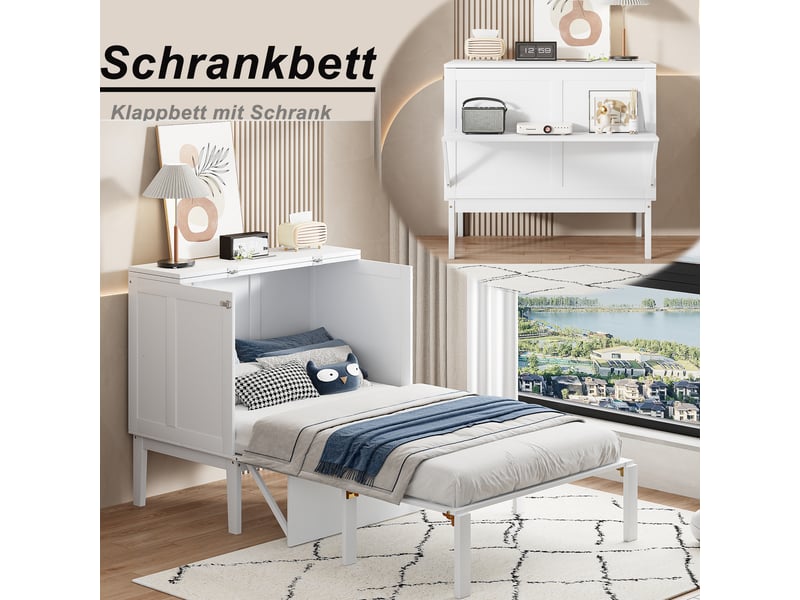  Lit enfant 90 x 200 cm, lit 1 personne avec sommier a lattes, lit rabattable mural, lit escamotable avec sommier a lattes, blanc  - Conforama E