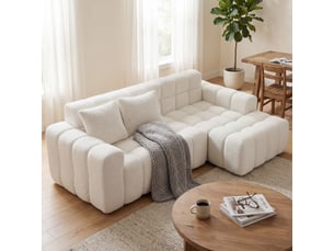 Canapé d'angle modulable en velours blanc, méridienne gauche, assise profonde 100 cm, mousse haute densité