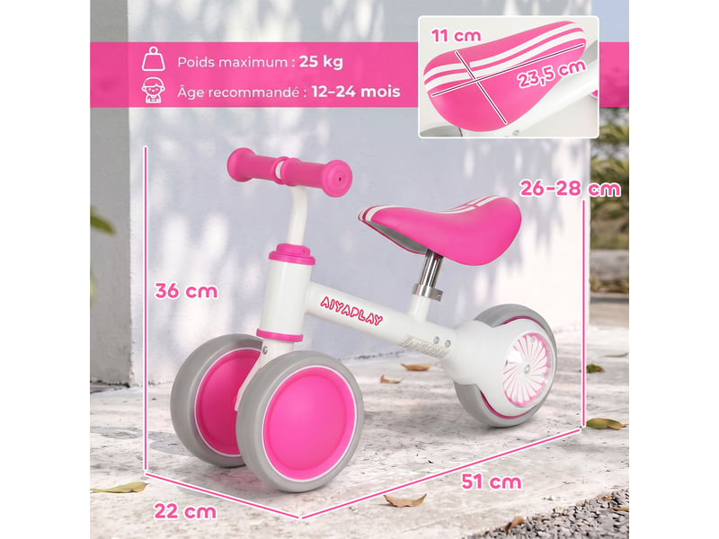 Draisienne bébé 1-2 ans, roue lumineuse, 3 roues eva silencieuses sans pédale, limiteur direction 135°, 51x22x36cm, rose  - Conforama E