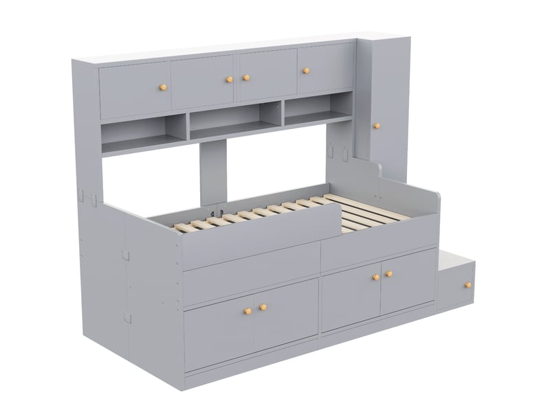  Lit mezzanine enfant 90 × 200 cm 1 place avec rangements, armoire, led et barrières, sans matelas, gris  - Conforama E
