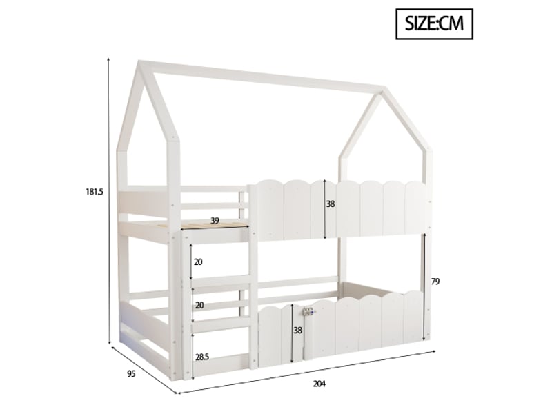  Lit superposé enfant 90x200 cm, lit cabane avec barrière de sécurité, blanc, sans matelas  - Conforama C