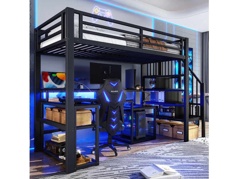  Lit mezzanine 90x200 cm avec bureau, led, usb et rangements noir  - Conforama D