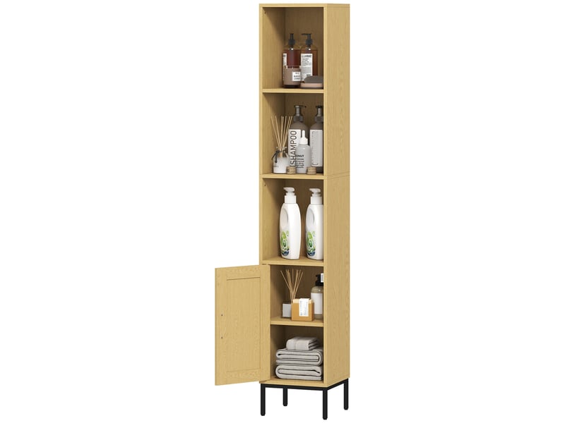 Armoire de salle de bain haute et étroite avec étagères ouvertes et étagère réglable, aspect bois naturel - Conforama B