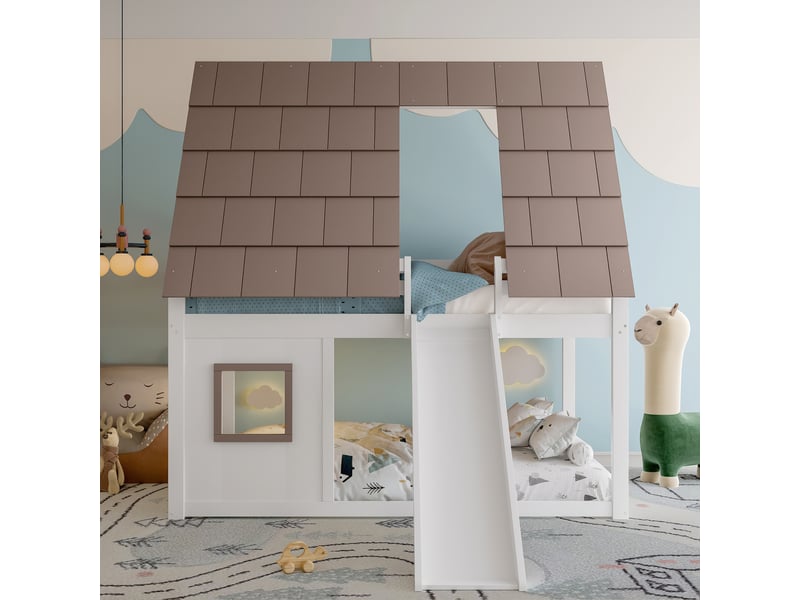  Lit superposé enfant 200×140 cm en forme de maison avec toit, échelle et toboggan, blanc et marron  - Conforama C