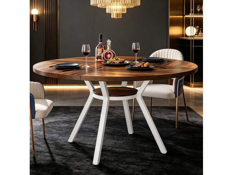  Table de salle à manger ronde pour 4 à 6 personnes avec tablette et piètement croisé en bois et métal, marron et blanc  - Conforama E