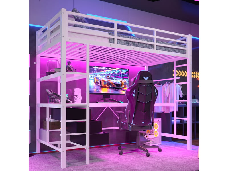 Lit mezzanine 90 x 200 cm avec bureau, led, 3 tiroirs, prise usb, blanc - Conforama D