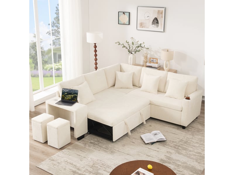  Canapé d'angle, canapé convertible – avec rangement, porte-gobelets, beige, coussins inclus, avec accoudoirs, port usb  - Conforama R