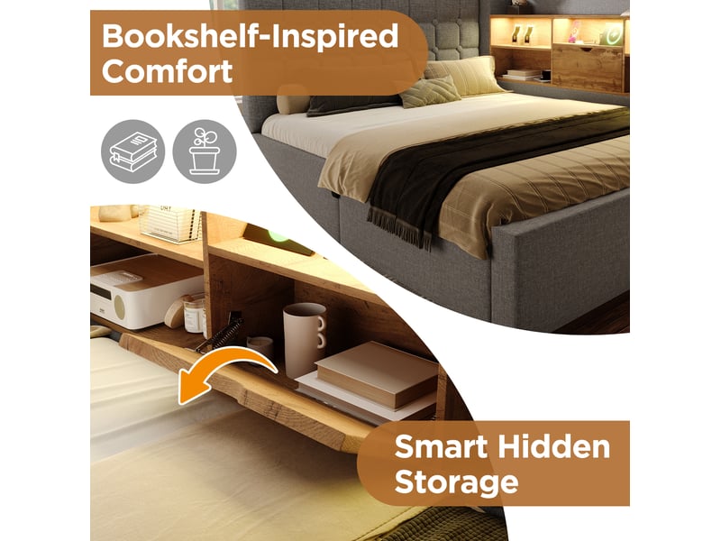  Lit coffre 90x190 cm, avec éclairage led, rangement hydraulique, tête de lit réversible, tissu lin gris, sans matelas  - Conforama D
