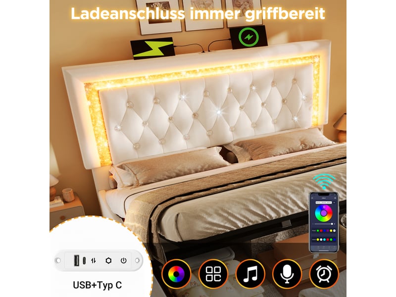  Lit coffre, lit double 160x200 cm, rangement hydraulique, led, usbusb-c, sommier à lattes, matelas inclus, velours beige  - Conforama R