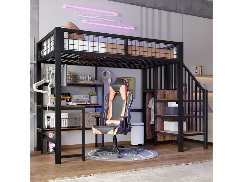  Lit mezzanine noir et marron 90x200cm avec rangement, bureau et étagères, gain de place, pratique - fer et mdf - pour enfant ado  - Conforama C