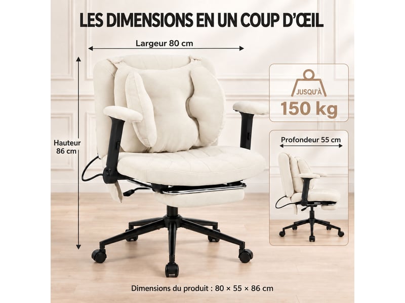 Fauteuil de bureau ergonomique en tissu respirant, coussin lombaire gonflable réglable, assise large pour s’asseoir, beige - Conforama B