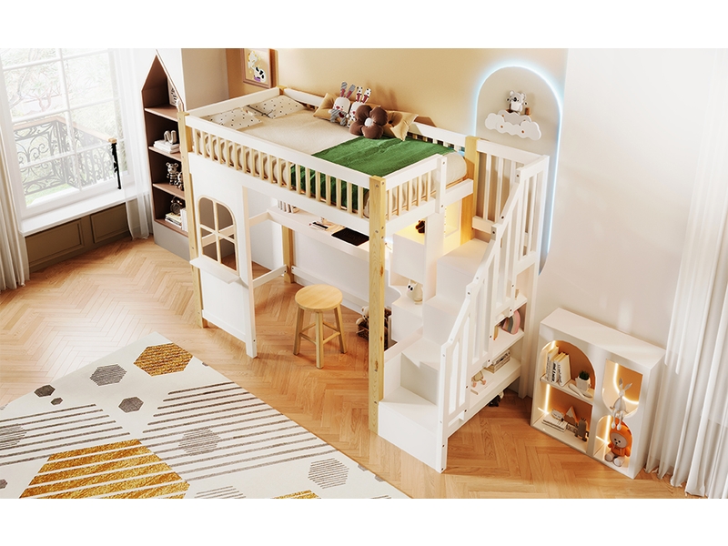  Lit mezzanine enfant 200×90 cm avec bureau, rangements et éclairage led, sans matelas, blanc et bois naturel  - Conforama B