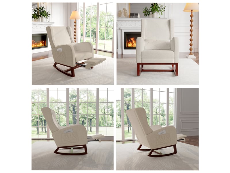  Chaise à bascule rembourrée avec repose-pieds réglable – fauteuil relax ergonomique en tissu lin beige, coussin lombaire inclus  - Conforama R