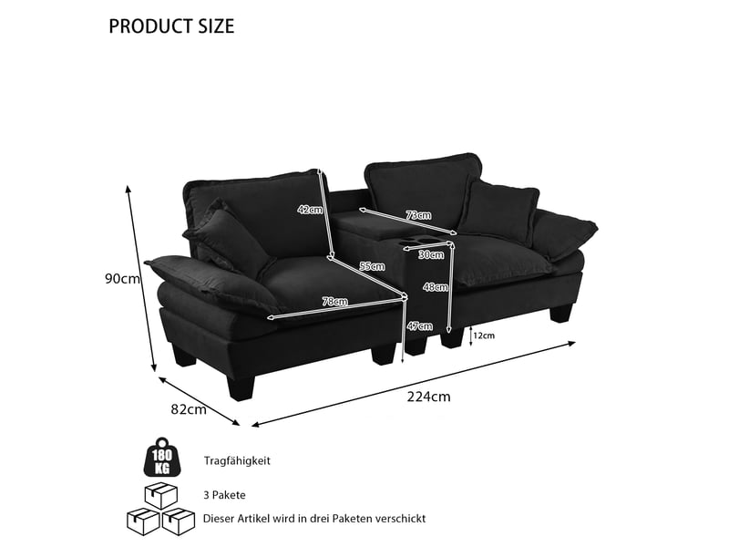  Canapé modulable 2 places 224x82x90 cm, usb, espaces de rangement, porte-gobelets, coussins, chenille, noir  - Conforama C