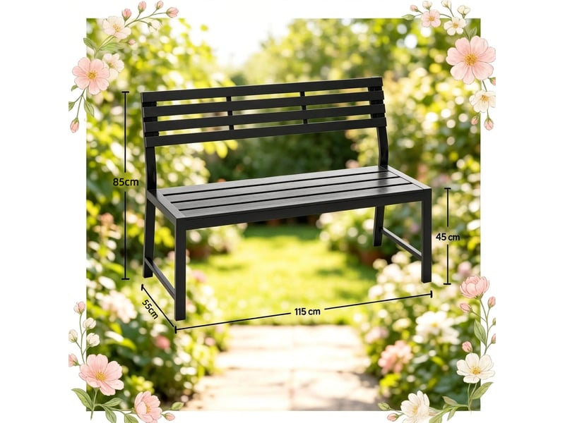 Banc de jardin extérieur 115 x 55 x 85 cm avec dossier, métal noir et lames ps - Conforama C