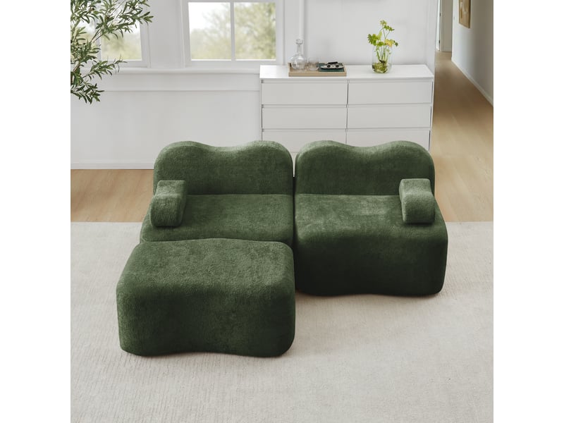  Canapé d'angle modulaire 2 places avec pouf, assise profonde et coussins d'accoudoir, en velours vert  - Conforama B